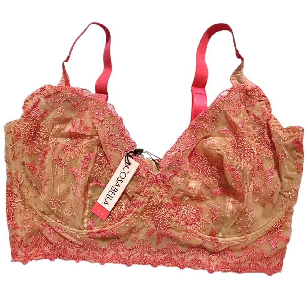 Cosabella Curvy Lace Underwire Bra Large Nude Pink Sheer Floral Embroidery NWT - Picture 1 of 8